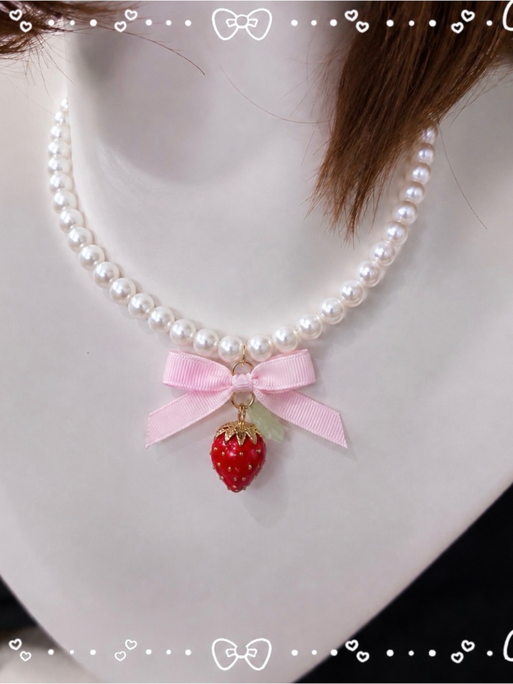 Japanese Kawaii Lolita Strawberry Bow Pearl Necklace